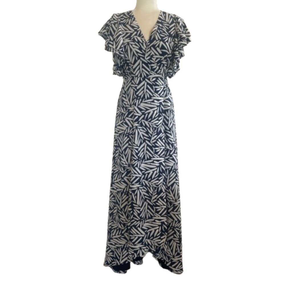 Hutch x Anthropologie Blue Floral Flutter Sleeve Max Wrap Dress S